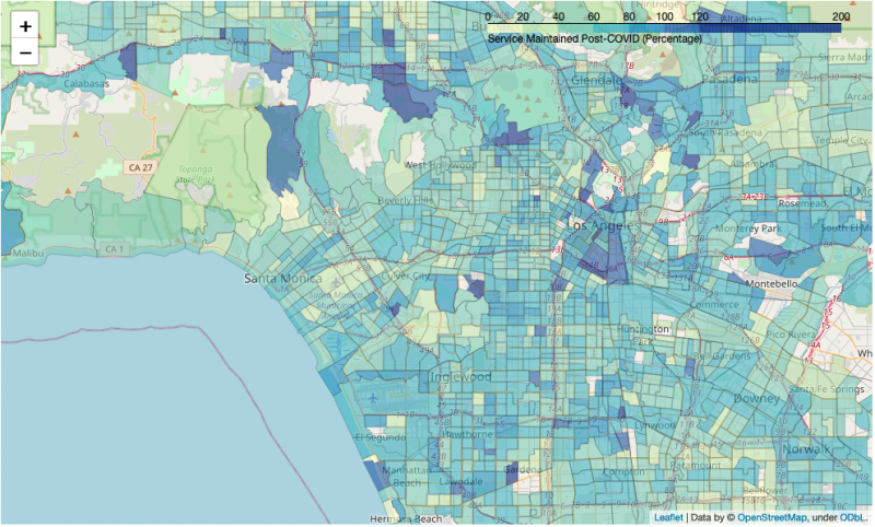 Map of transit supply changes since the start of the COVID-19 pandemic in the Los Angeles area